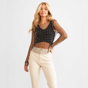 Davi & Dani Sheer Mesh Pearl and Stone Embellished Top in Black